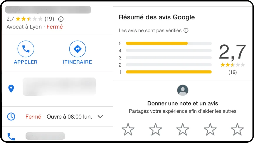 Etablissement Google avec une faible note visible aussi sur Google Maps.