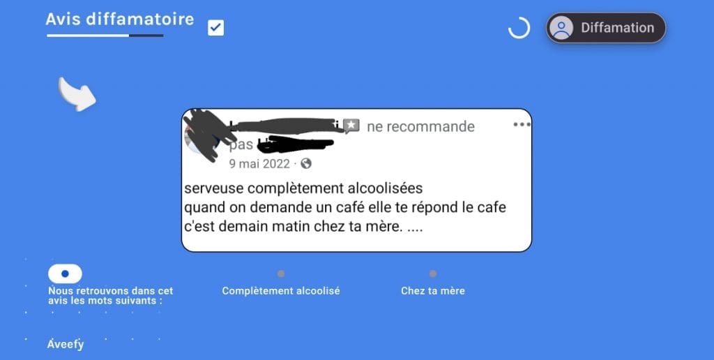 avis diffamatoire google à propos d'une serveuse alcoolisé