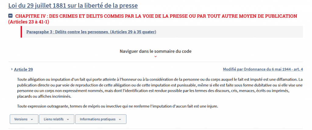 Diffamation, Loi du 29 juillet 1881 sur la liberté de la presse