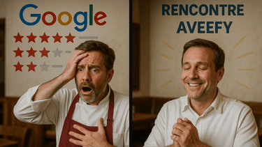 deux parties montrant un restaurateur choqué devant des avis négatifs sur Google à droite, il est soulagé et souriant après avoir rencontré Aveefy.