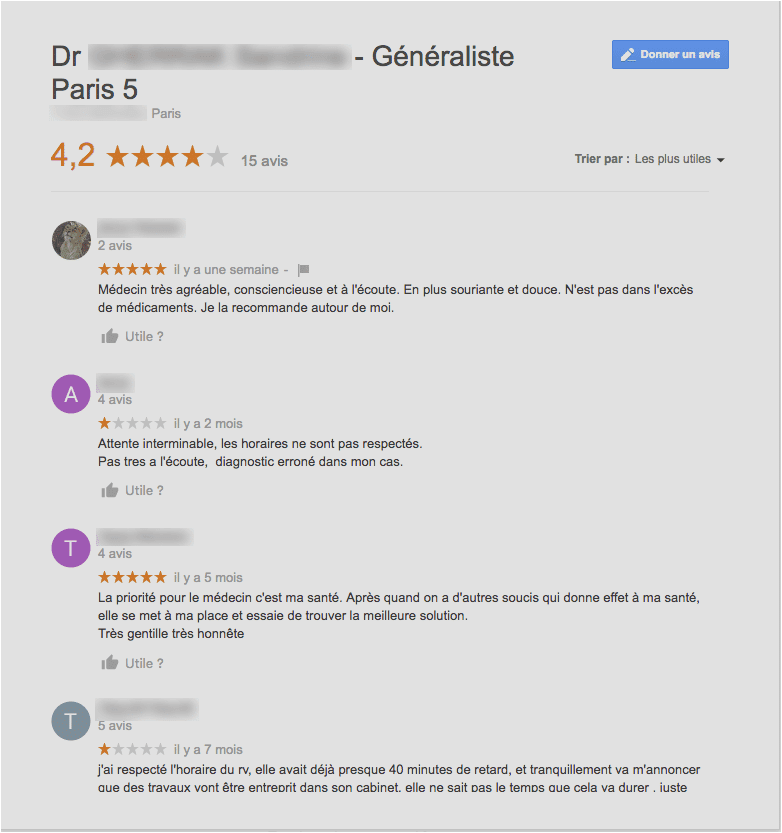 Avis positifs et négatifs sur une fiche Google My business d'un médecin généraliste