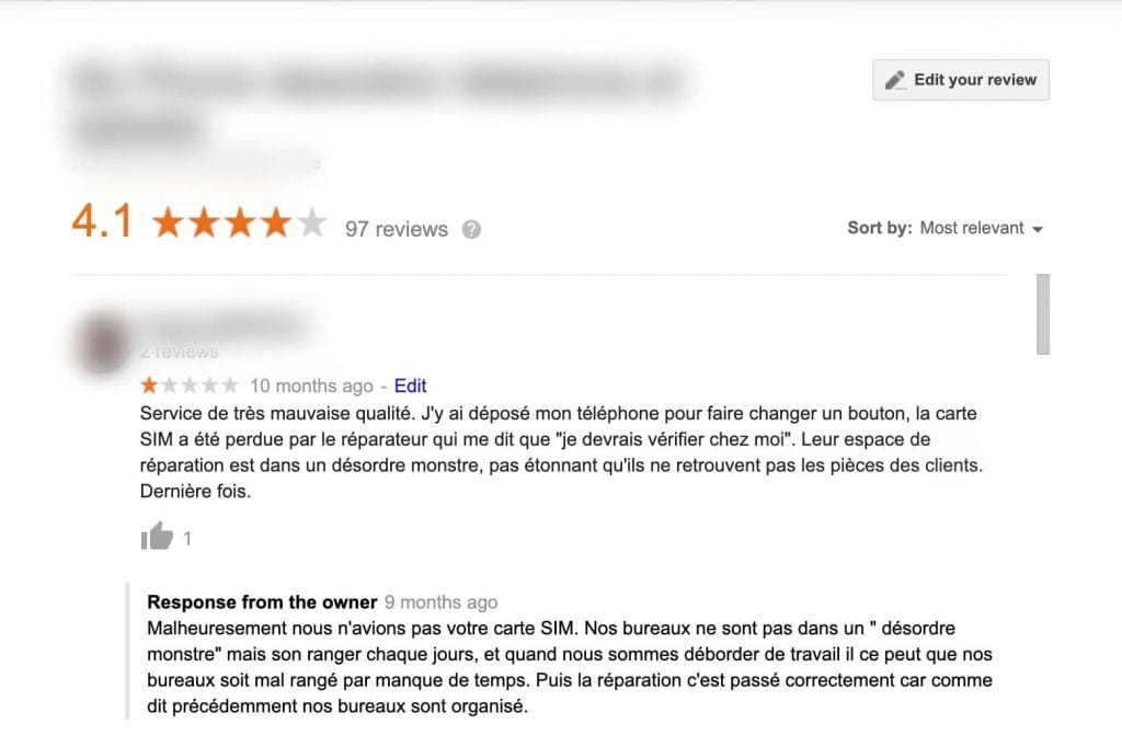 Avis négatif publié sur la page Google my business