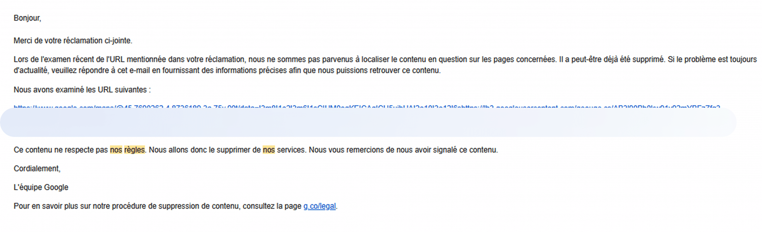 un mail de confirmation de la part de Google pour la suppression d'un avis Google procédure fait par Aveefy