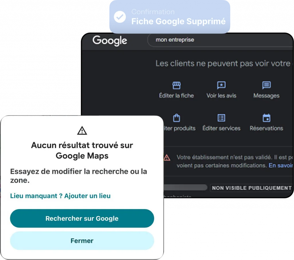 Suppression fiche Google my Business des services de Google Maps. Message erreur fiche établissement introuvable