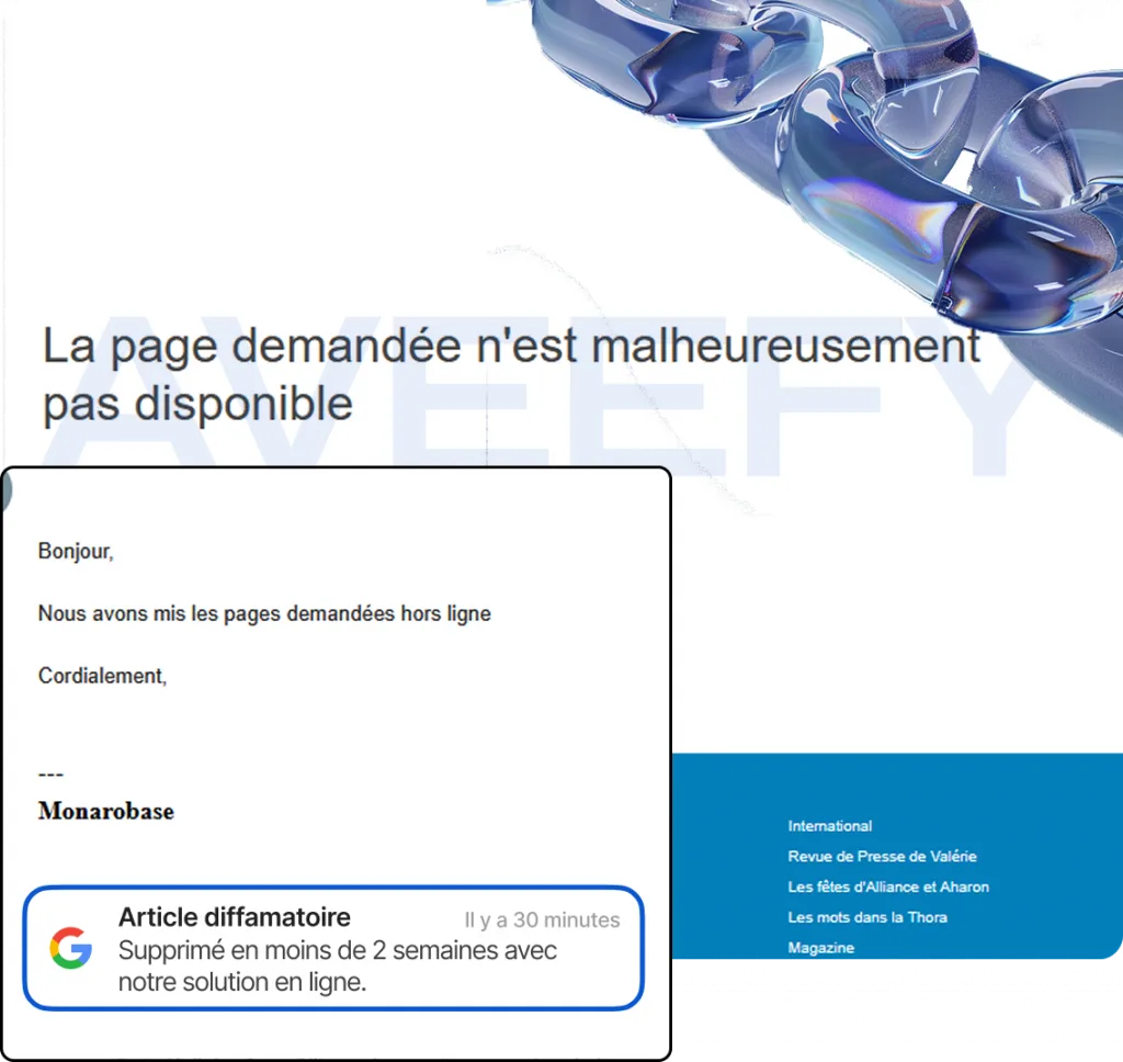 Article diffamatoire déréférencé en moins de 2 semaines par l'équipe Aveefy